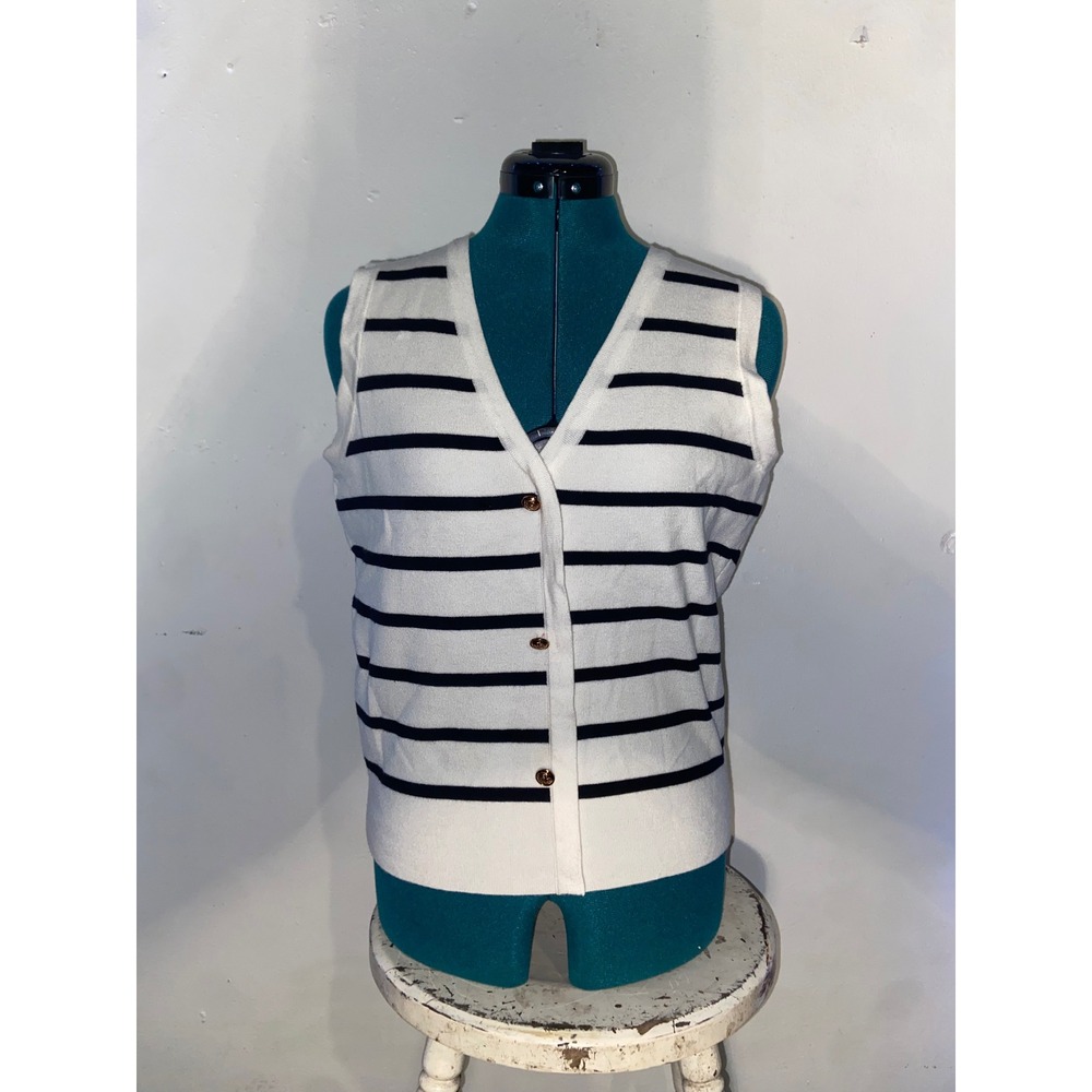 Women B&W Striped Button Front Sweater Vest Classic Nautical Quiet Luxury V-Neck